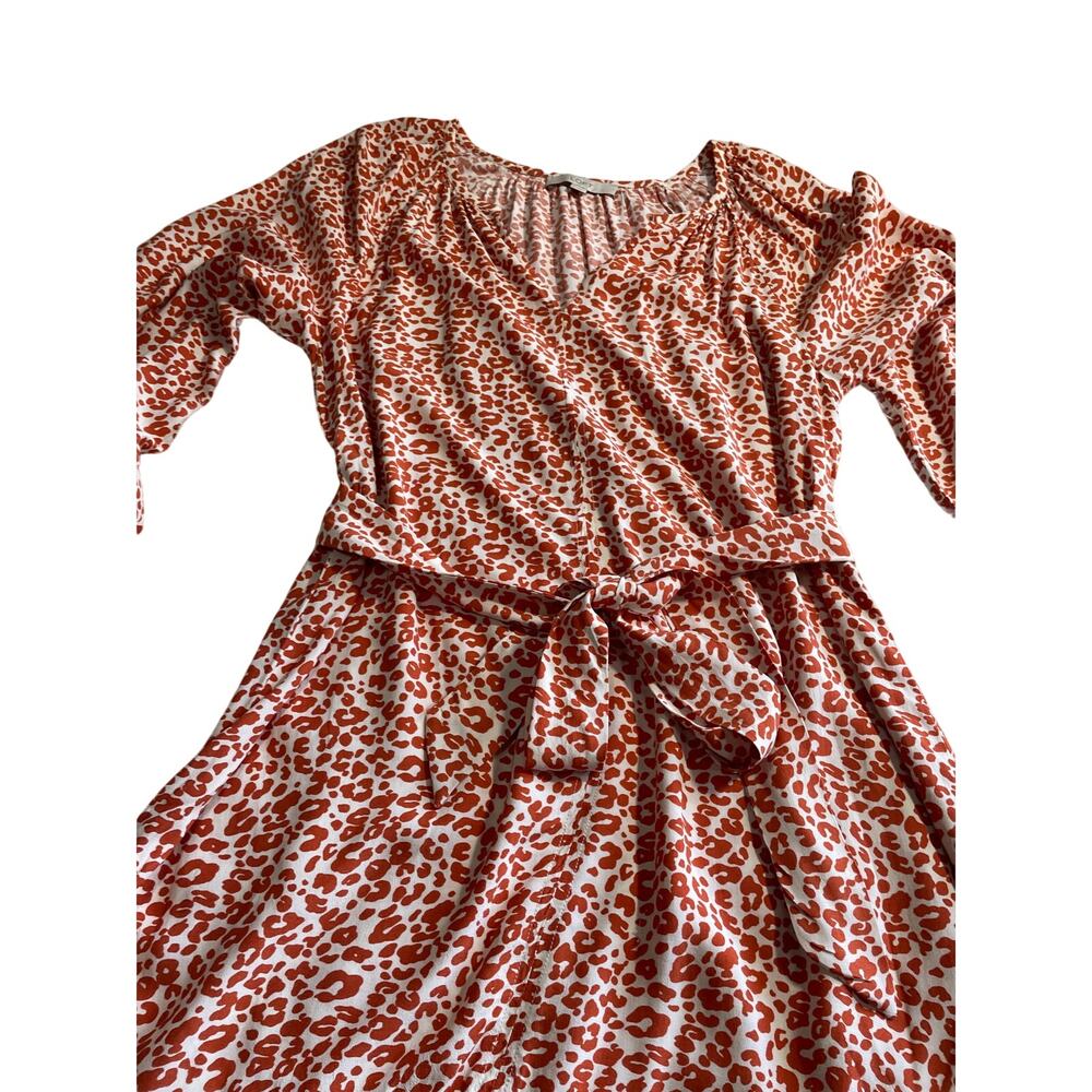 Loft Split Neck Shift Dress Orange Leopard Animal Print Long Sleeve Comfy Size M